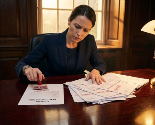 Zakenvrouw in donkerblauw pak met rode stempel boven schuldinvorderingsdocument op mahonie bureau