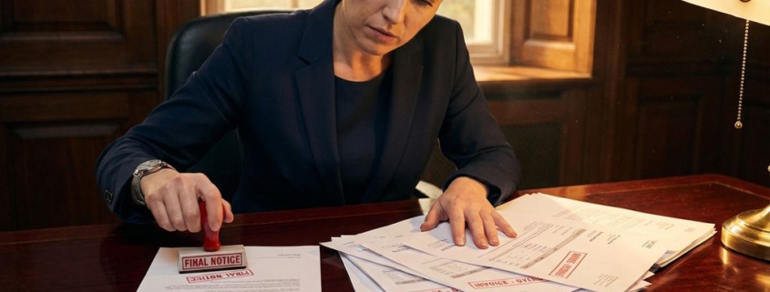 Zakenvrouw in donkerblauw pak met rode stempel boven schuldinvorderingsdocument op mahonie bureau