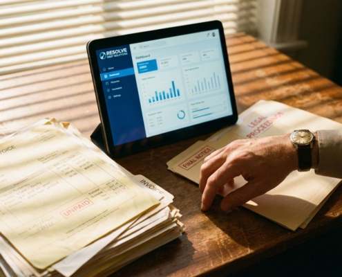 Zakenman reikt naar juridische documenten op houten bureau met onbetaalde rekeningen en tablet met incassobureau-interface