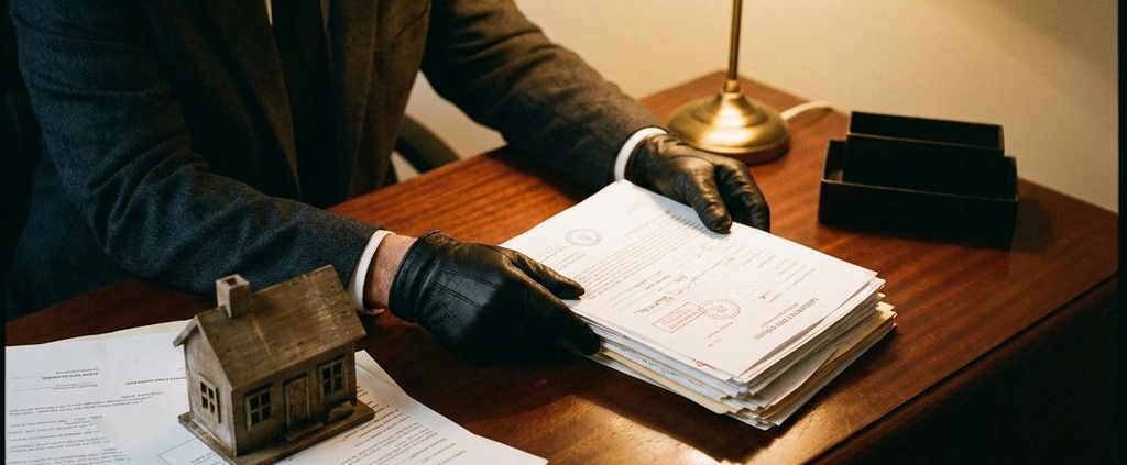 Professionele incassomedewerker plaatst officiële documenten op houten bureau naast modelhuis en onbetaalde huurrekeningen