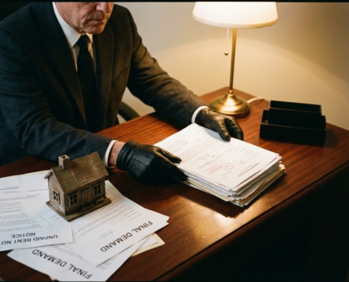 Professionele incassomedewerker plaatst officiële documenten op houten bureau naast modelhuis en onbetaalde huurrekeningen