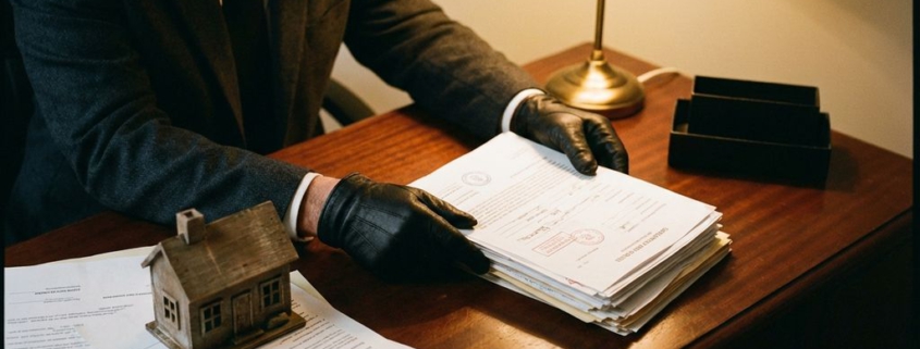 Professionele incassomedewerker plaatst officiële documenten op houten bureau naast modelhuis en onbetaalde huurrekeningen