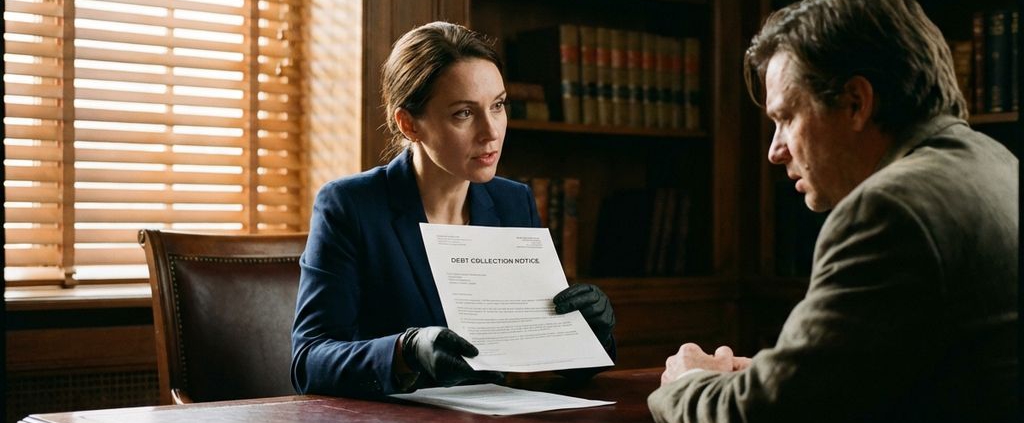 Zakelijke advocaat bespreekt incassobrief met cliënt aan bureau in professioneel kantoor