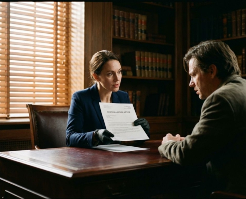 Zakelijke advocaat bespreekt incassobrief met cliënt aan bureau in professioneel kantoor