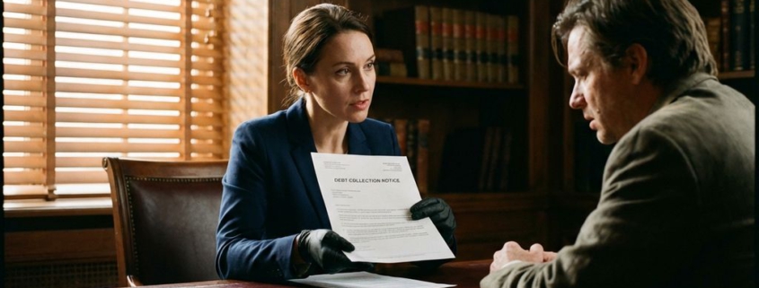 Zakelijke advocaat bespreekt incassobrief met cliënt aan bureau in professioneel kantoor