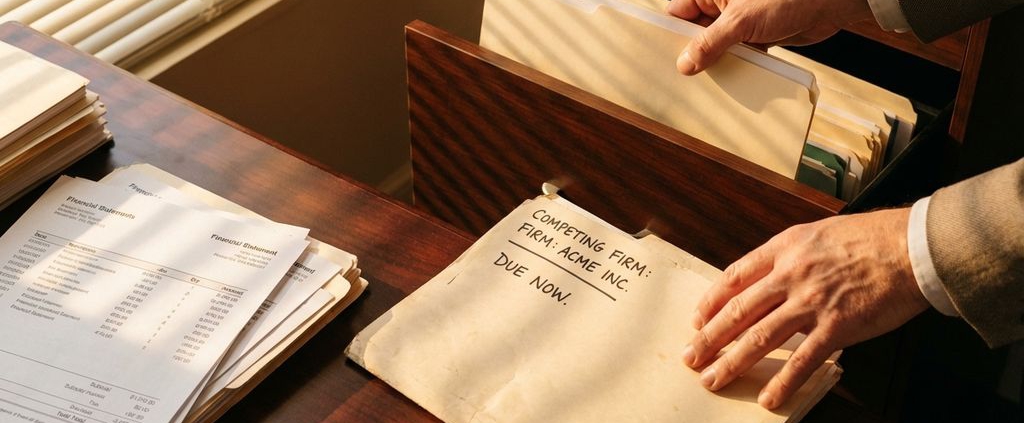 Zakenhand plaatst contract in archief terwijl andere hand concurrent dossier vasthoudt op kantoorbureau