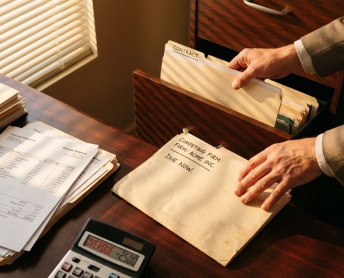 Zakenhand plaatst contract in archief terwijl andere hand concurrent dossier vasthoudt op kantoorbureau