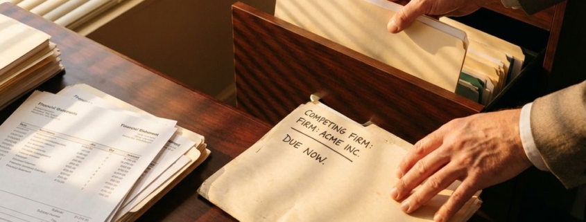 Zakenhand plaatst contract in archief terwijl andere hand concurrent dossier vasthoudt op kantoorbureau