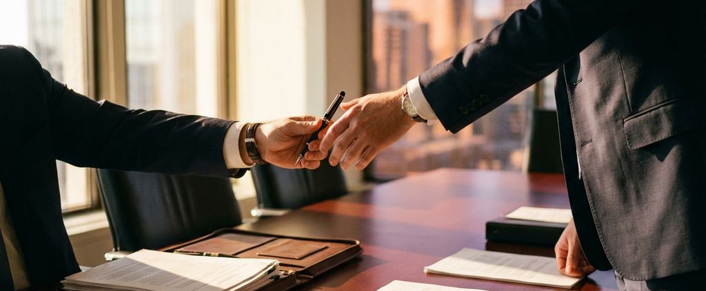 Twee zakenpartners schudden handen over getekende documenten aan mahonie vergadertafel in kantoor met gouden licht