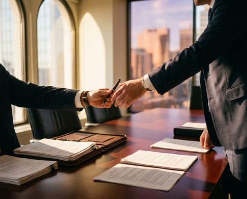 Twee zakenpartners schudden handen over getekende documenten aan mahonie vergadertafel in kantoor met gouden licht