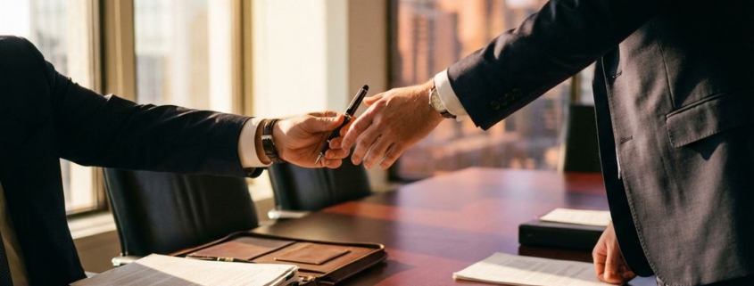 Twee zakenpartners schudden handen over getekende documenten aan mahonie vergadertafel in kantoor met gouden licht