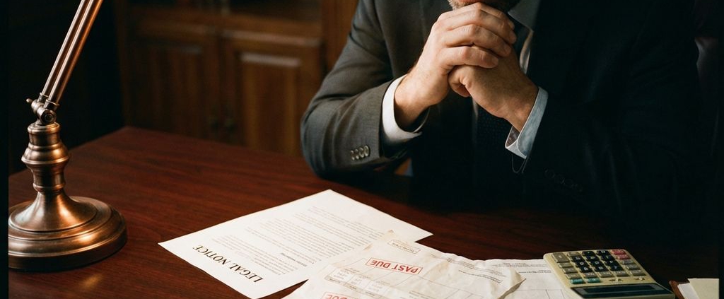 Bezorgde zakenman bestudeert juridisch document aan bureau met rekenmachine en onbetaalde facturen