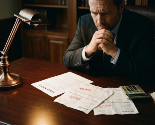 Bezorgde zakenman bestudeert juridisch document aan bureau met rekenmachine en onbetaalde facturen