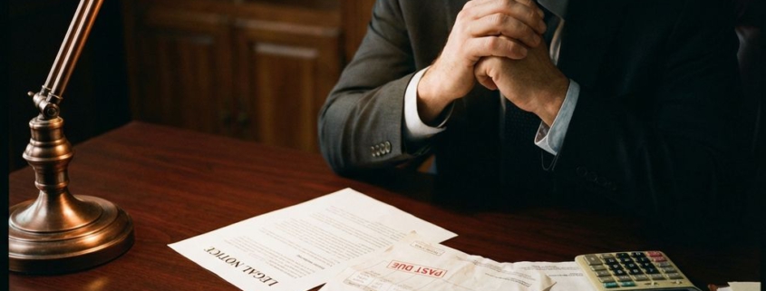 Bezorgde zakenman bestudeert juridisch document aan bureau met rekenmachine en onbetaalde facturen