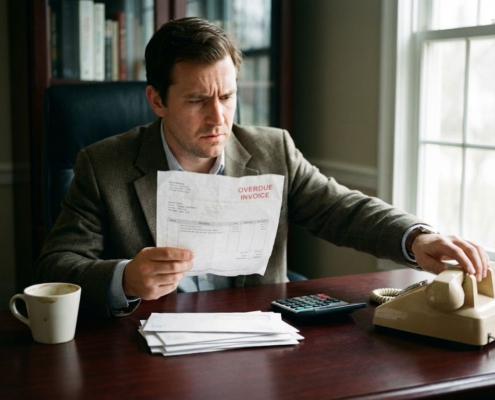 Bezorgde zakenman aan bureau met onbetaalde factuur en telefoon, stapel rekeningen en calculator zichtbaar