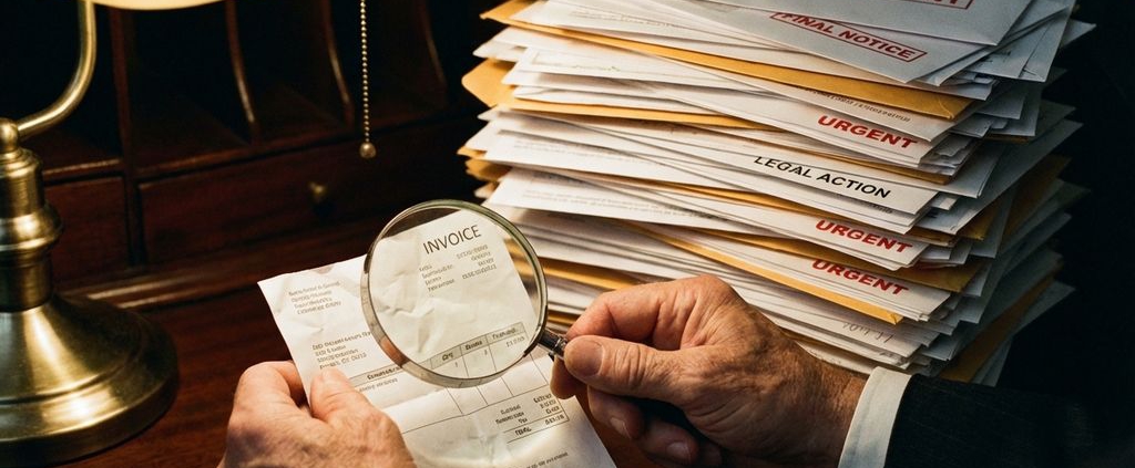 Zakenman bekijkt kleine factuur terwijl stapel incassobrieven en juridische documenten op bureau opdoemt