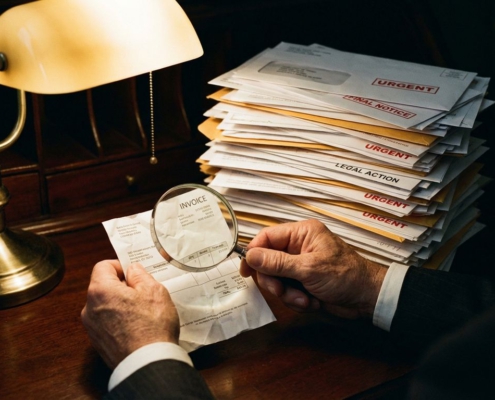 Zakenman bekijkt kleine factuur terwijl stapel incassobrieven en juridische documenten op bureau opdoemt