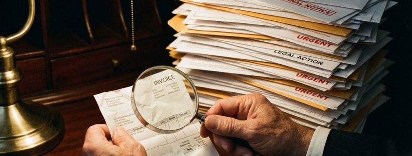 Zakenman bekijkt kleine factuur terwijl stapel incassobrieven en juridische documenten op bureau opdoemt