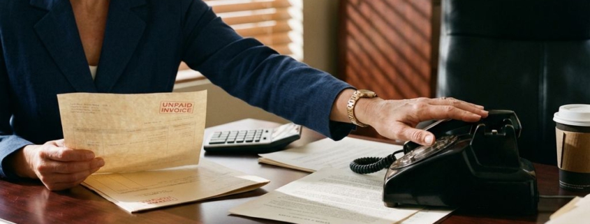Zakenvrouw in marineblauw pak bekijkt onbetaalde factuur aan mahonie bureau en pakt telefoon voor incassobureau