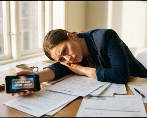 Gefrustreerde zakelijke professional bekijkt annuleringsgeschil op smartphone bij bureau met contracten en facturen