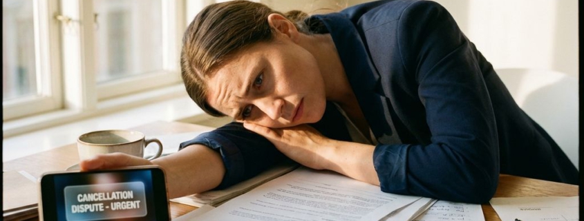 Gefrustreerde zakelijke professional bekijkt annuleringsgeschil op smartphone bij bureau met contracten en facturen