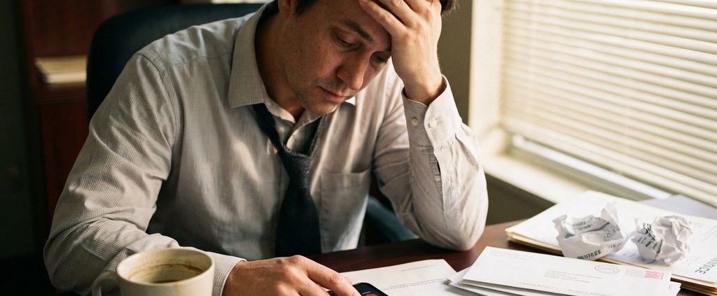 Gefrustreerde zakenman aan bureau met onbetaalde facturen, ongeopende envelop en smartphone met gemiste oproepen
