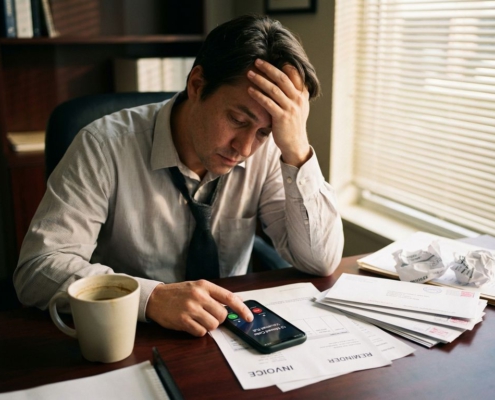Gefrustreerde zakenman aan bureau met onbetaalde facturen, ongeopende envelop en smartphone met gemiste oproepen