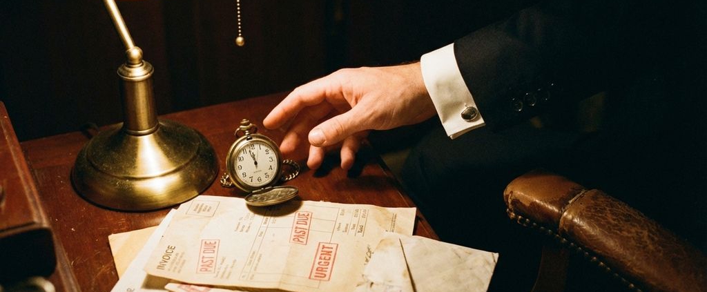 Zakenman reikt naar vintage zakhorloge op bureau met onbetaalde facturen, klok wijst bijna middernacht aan