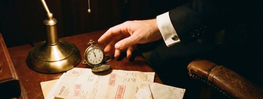 Zakenman reikt naar vintage zakhorloge op bureau met onbetaalde facturen, klok wijst bijna middernacht aan