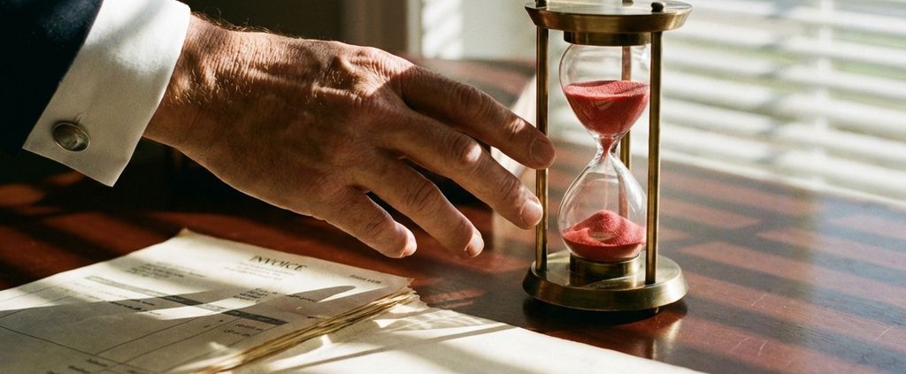 Zakenman reikt naar bijna lege zandloper op bureau met factuurmap en documenten in gouden zonlicht