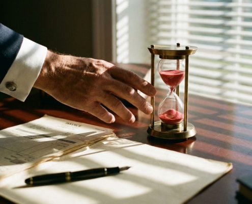 Zakenman reikt naar bijna lege zandloper op bureau met factuurmap en documenten in gouden zonlicht