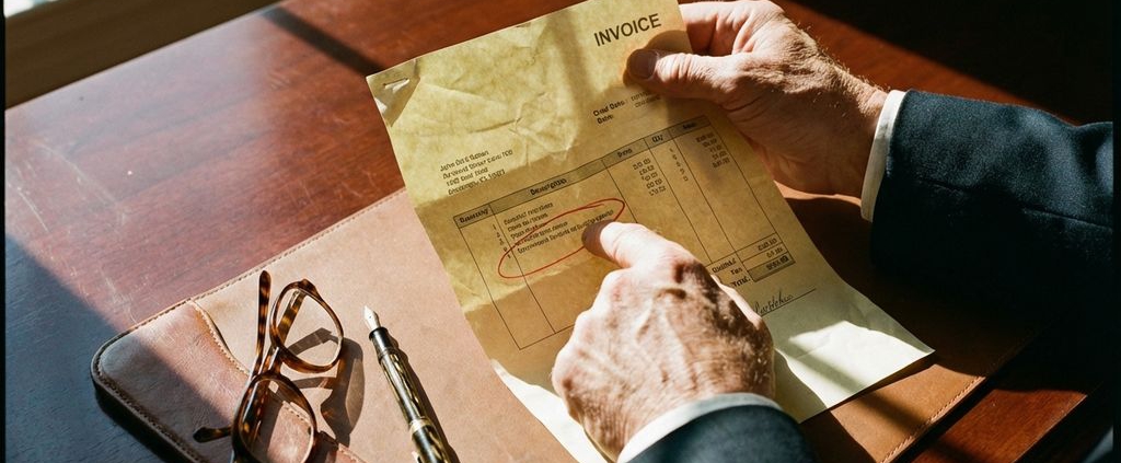 Zakenman houdt verfrommelde factuur vast en wijst naar betwiste regel, met spanning zichtbaar in handen op mahonie bureau