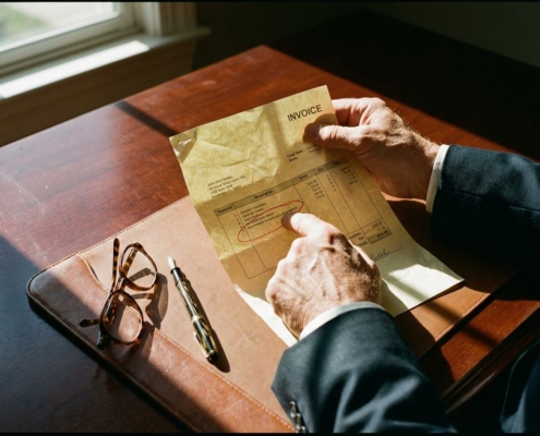 Zakenman houdt verfrommelde factuur vast en wijst naar betwiste regel, met spanning zichtbaar in handen op mahonie bureau