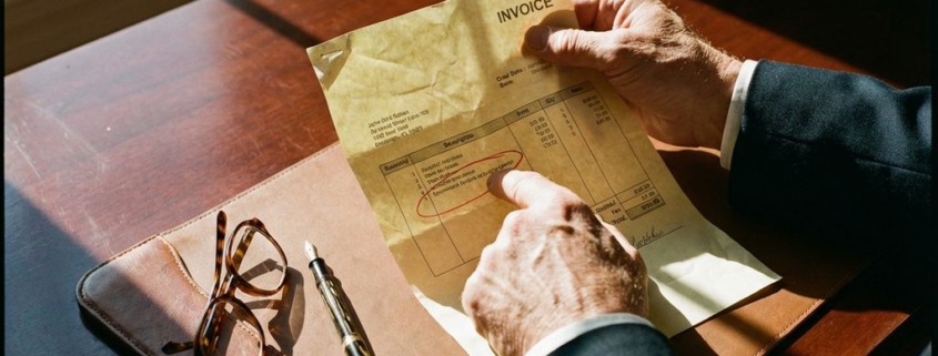 Zakenman houdt verfrommelde factuur vast en wijst naar betwiste regel, met spanning zichtbaar in handen op mahonie bureau