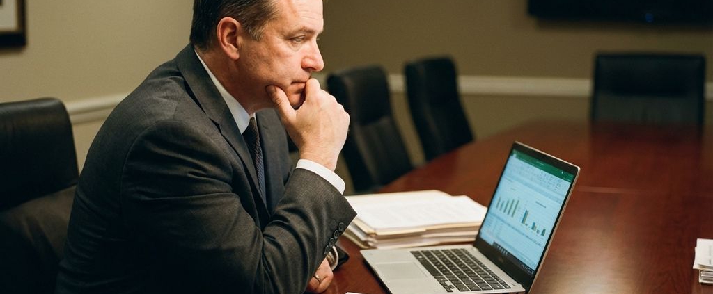 Zakenman in pak zit aan vergadertafel met contracten, documenten van incassobureaus en laptop met financiële spreadsheets