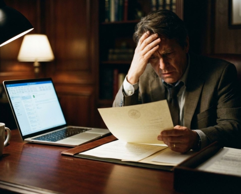 Bezorgde zakenman leest juridische brief aan bureau met laptop, hand tegen voorhoofd, papieren verspreid