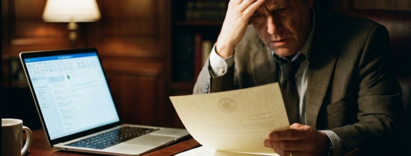 Bezorgde zakenman leest juridische brief aan bureau met laptop, hand tegen voorhoofd, papieren verspreid