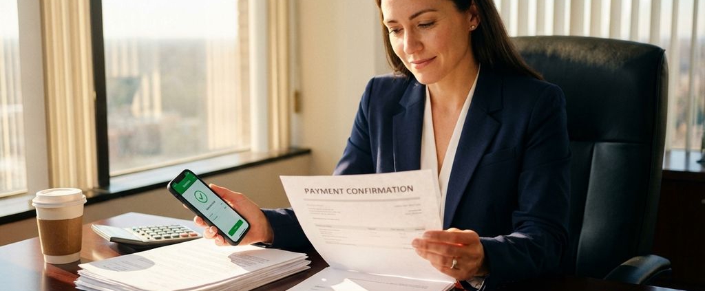 Zakenvrouw in marineblauw pak bekijkt betalingsdocument met smartphone bankapp op kantoorbureau met facturen