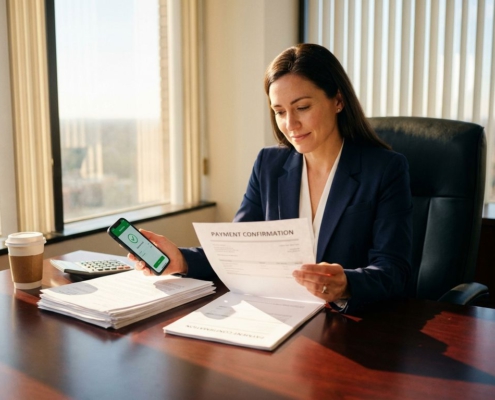 Zakenvrouw in marineblauw pak bekijkt betalingsdocument met smartphone bankapp op kantoorbureau met facturen