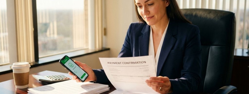 Zakenvrouw in marineblauw pak bekijkt betalingsdocument met smartphone bankapp op kantoorbureau met facturen