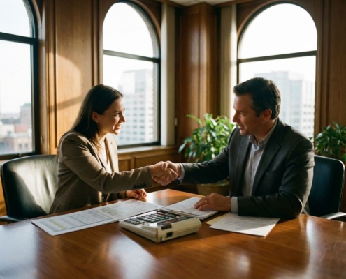 Zakenvrouw en klant schudden handen over conferentietafel met calculator en betalingsschema's tijdens zakelijke bespreking