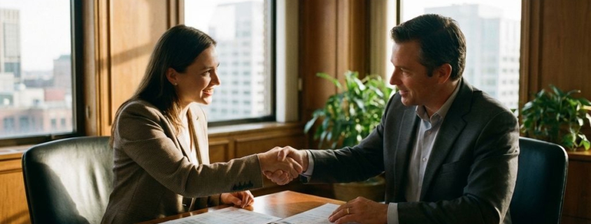 Zakenvrouw en klant schudden handen over conferentietafel met calculator en betalingsschema's tijdens zakelijke bespreking