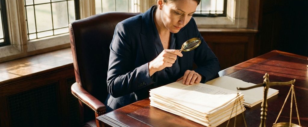 Zakenvrouw in marineblauw pak bekijkt contract met vergrootglas aan mahonie bureau met weegschaal van justitia