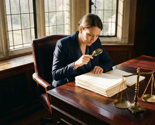 Zakenvrouw in marineblauw pak bekijkt contract met vergrootglas aan mahonie bureau met weegschaal van justitia