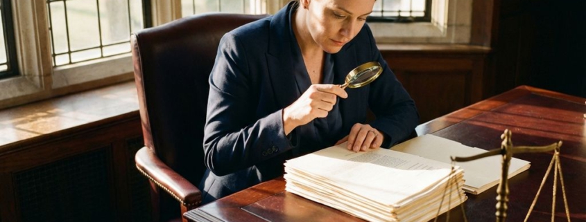 Zakenvrouw in marineblauw pak bekijkt contract met vergrootglas aan mahonie bureau met weegschaal van justitia