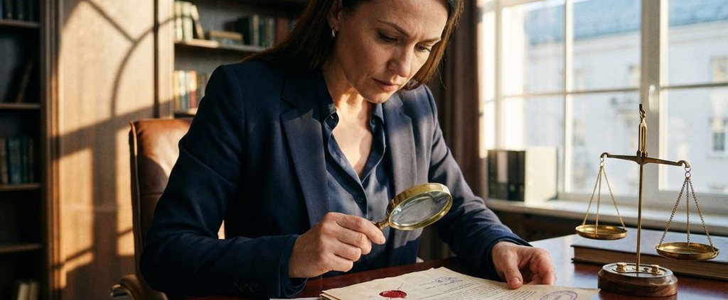 Professionele zakenvrouw onderzoekt juridische documenten met vergrootglas op bureau met weegschaal van justitie