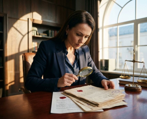 Professionele zakenvrouw onderzoekt juridische documenten met vergrootglas op bureau met weegschaal van justitie