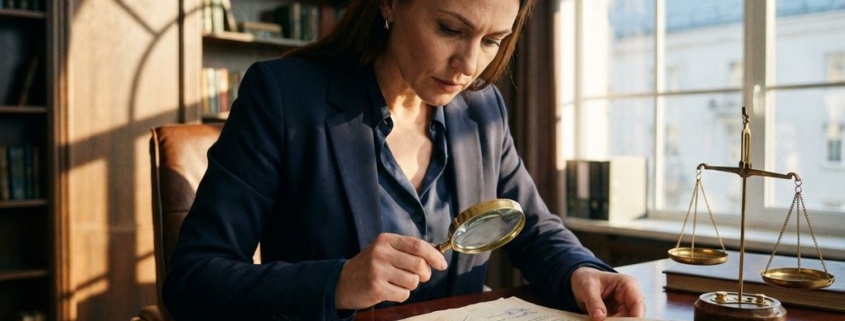 Professionele zakenvrouw onderzoekt juridische documenten met vergrootglas op bureau met weegschaal van justitie