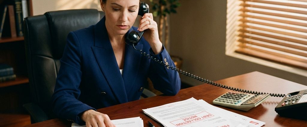 Zakenvrouw in marineblauw jasje beoordeelt facturen aan houten bureau met telefoon en incassodocumenten