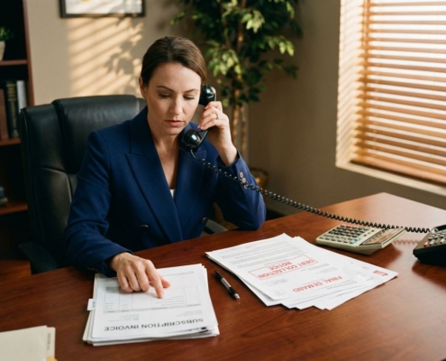 Zakenvrouw in marineblauw jasje beoordeelt facturen aan houten bureau met telefoon en incassodocumenten